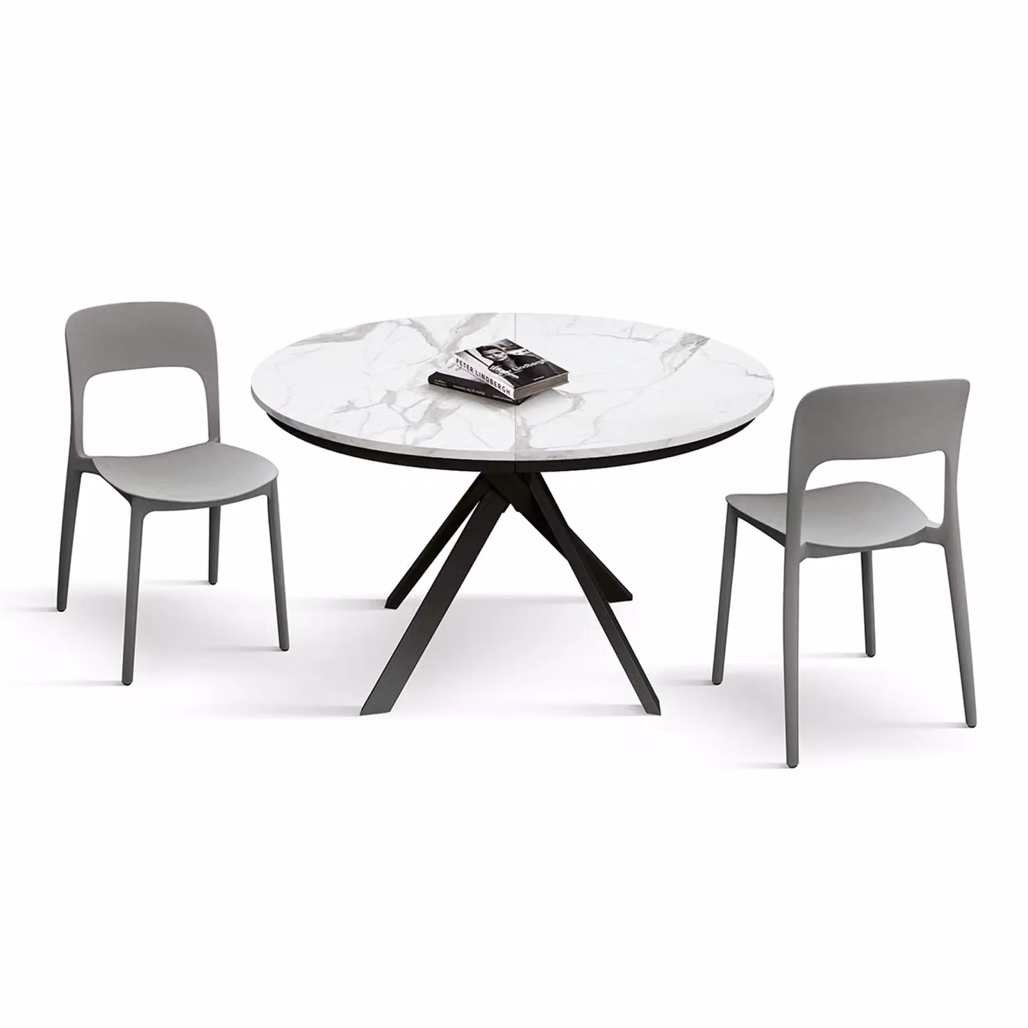 Tavolo rotondo PANTELLERIA in legno, finitura bianco statuario e gambe incrociate in metallo antracite, allungabile Ø120xH75,3 cm – 170x120x75,3 cm