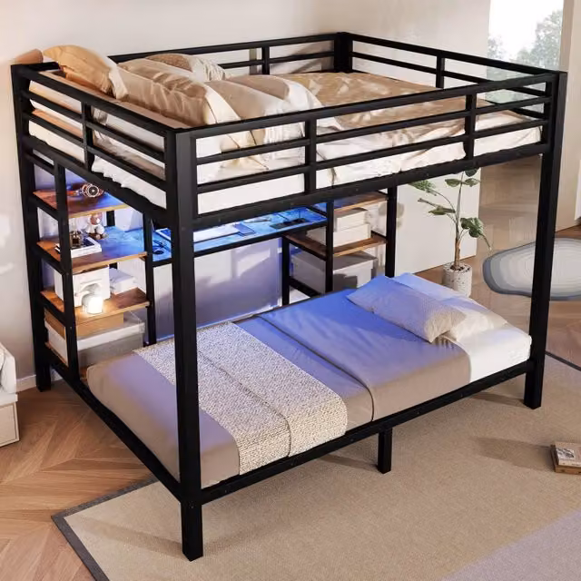 Letto a castello in metallo e MDF nero con prese USB; Type-C e luci LED; 90 x 200 cm e 140 x 200 cm