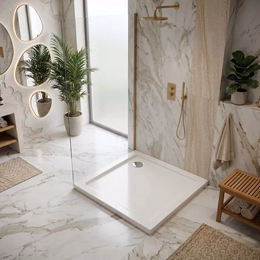 Piatto doccia angolare quadrato in acrilico Rea Belmond White con copertura cromo L/P: 90 x 90 cm – 2