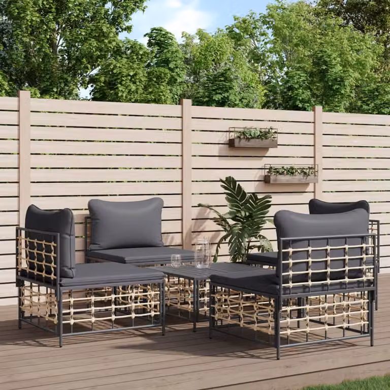 Set Divani da Giardino vidaXL 5 Pezzi con Cuscini Antracite e Tavolino in Polyrattan e Acciaio