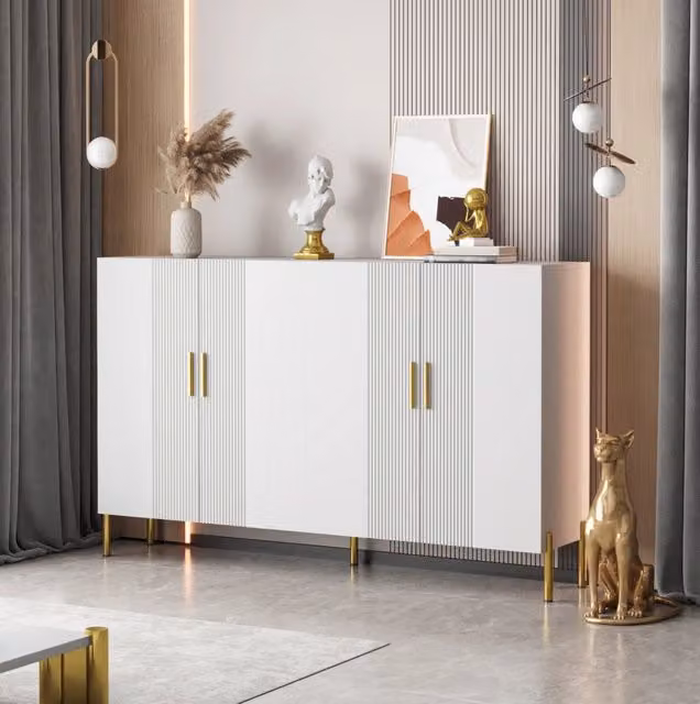 Credenza multifunzione 160x35x100 cm in pannello truciolare bianco con dettagli metallici dorati