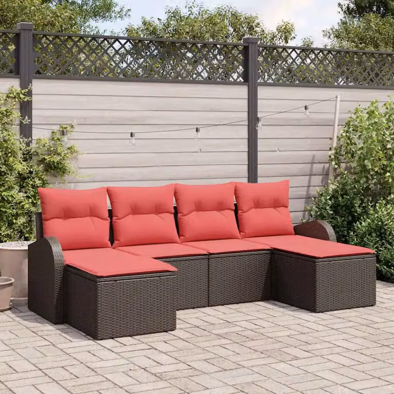 Set di divani da giardino vidaXL in rattan e metallo con cuscini, 6 pezzi, Marrone e Rosso