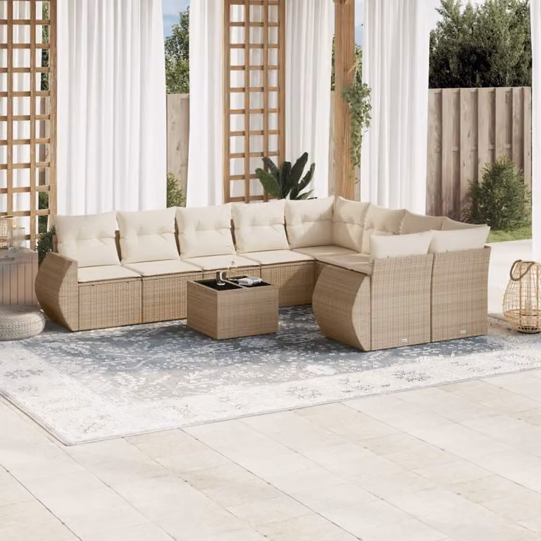 vidaXL Set Divano da Giardino 10 pz Moderno con Cuscini Beige e Tavolino in Polyrattan e Acciaio