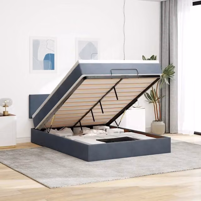 Letto con contenitore a sollevamento e materasso vidaXL in velluto grigio e bianco, H 88 x L 144 x P 203 cm con porta USB e illuminazione sottostante