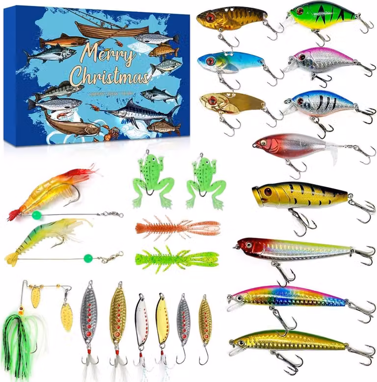 Calendario dell'Avvento di pesca 2024 Uomini Ragazzi adolescenti 24 set di esche da pesca