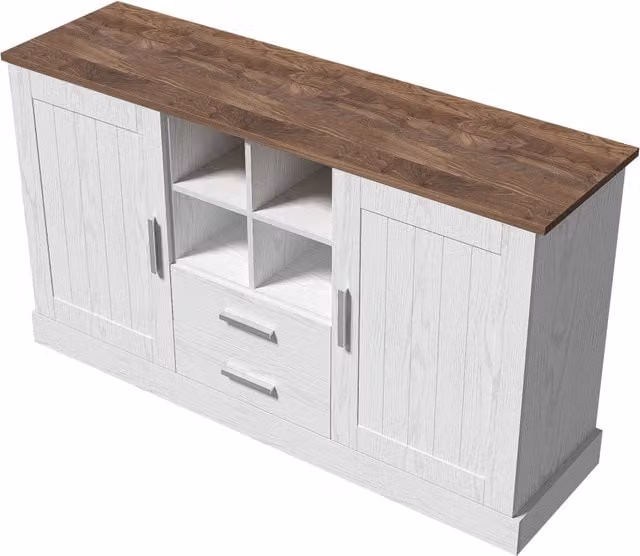 Credenza moderna con 2 ante ammortizzate, 2 cassetti soft-close e 4 vani aperti, in MDF bianco e marrone, L 140 x P 40 x H 79.5 cm