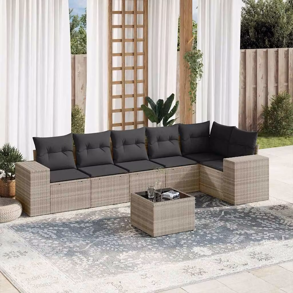 vidaXL Set Divani da Giardino 7pz a Forma di L in Polyrattan con Cuscini Grigio con Tavolino da Caffè e Struttura in Metallo – 1
