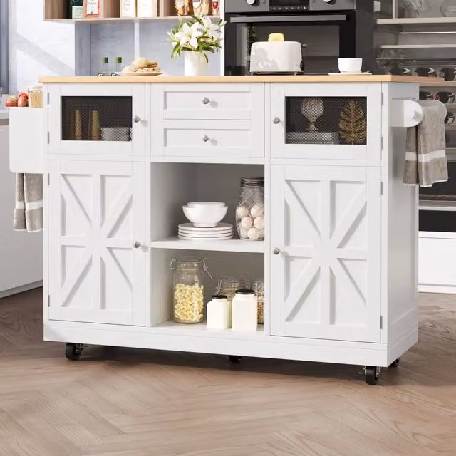 Isola da cucina mobile WISHDOR con piano allungabile, cassetti e ruote piroettanti, bianco, L: 140,0 cm, P: 70,0 cm, H: 93,5 cm – 1
