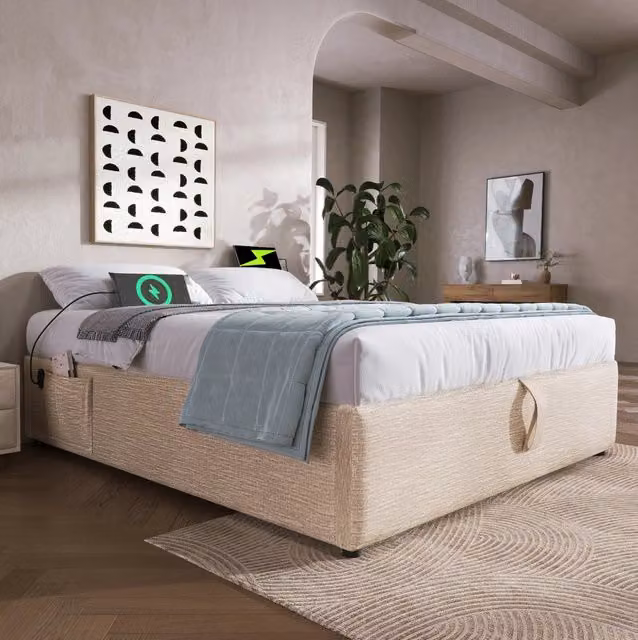 Letto contenitore 140x200 cm con USB; sollevamento idraulico; lino beige (Senza materasso)