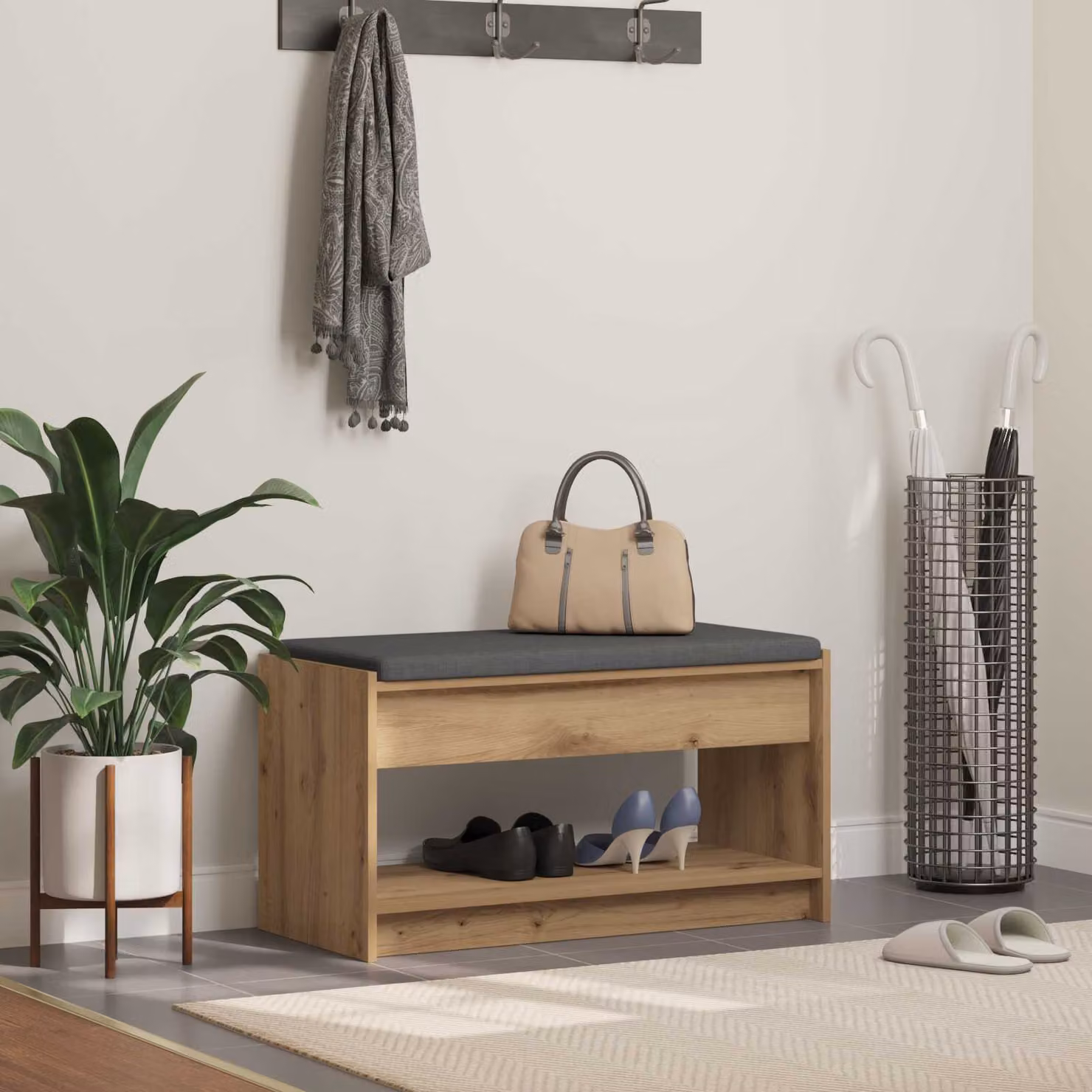 Panca porta con contenitore scarpiere vidaXL in legno rovere con cuscino grigio L: 83 cm, P: 38 cm, H: 45 cm