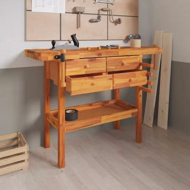 Banco Lavoro Cassetti e Morse 124x52x83cm Legno Massello Acacia