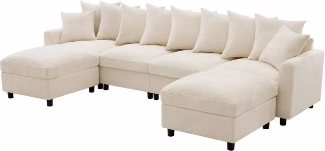 Divano modulare ad angolo a U/L beige 6 posti con 2 pouf mobili, ricarica USB/Type-C, 8 cuscini regolabili