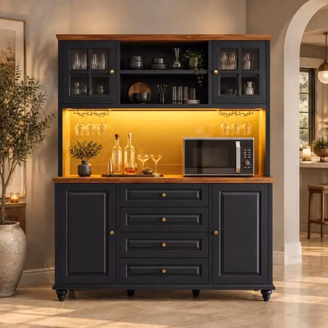 Credenza alta da cucina con LED RGB; 4 cassetti e portabicchieri 140x40x179;5 cm nera