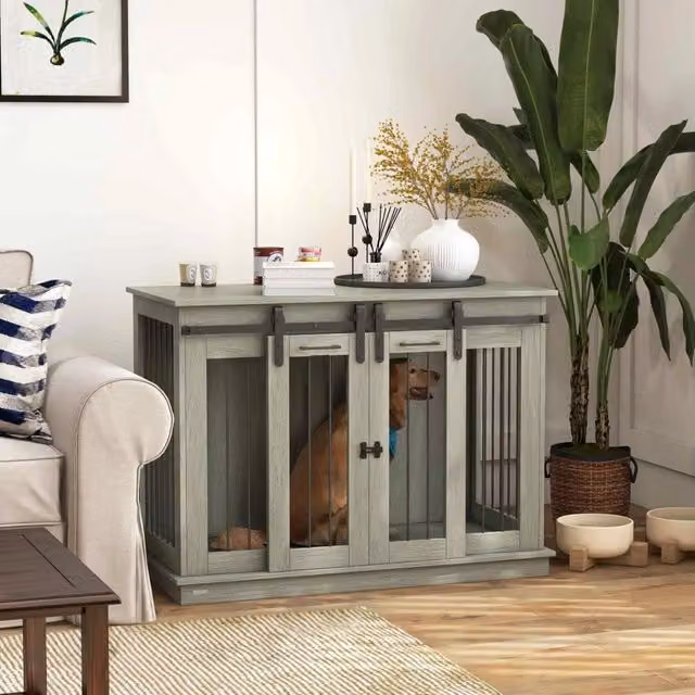 Gabbia per Cani 2-in-1 con Doppia Porta in Metallo, Opzione Doppia Stanza, Grigia, 120x60x88,5 cm