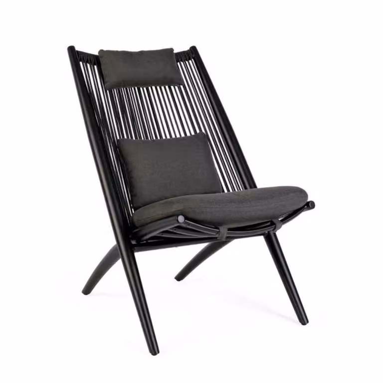 Set di poltrone ALOHA in alluminio nero e intreccio di corda nero, con cuscini
