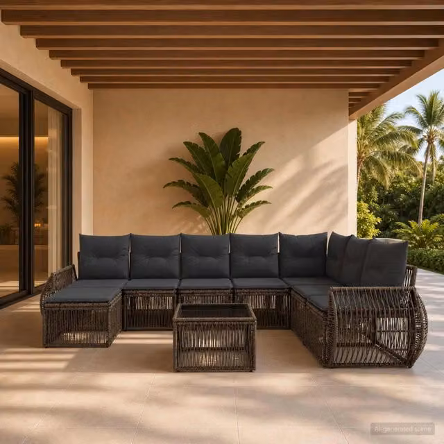 Set Divano da Giardino a Forma di U vidaXL in Polyrattan Grigio e Antracite con Tavolino e Ottoman, 9 Pezzi – 1