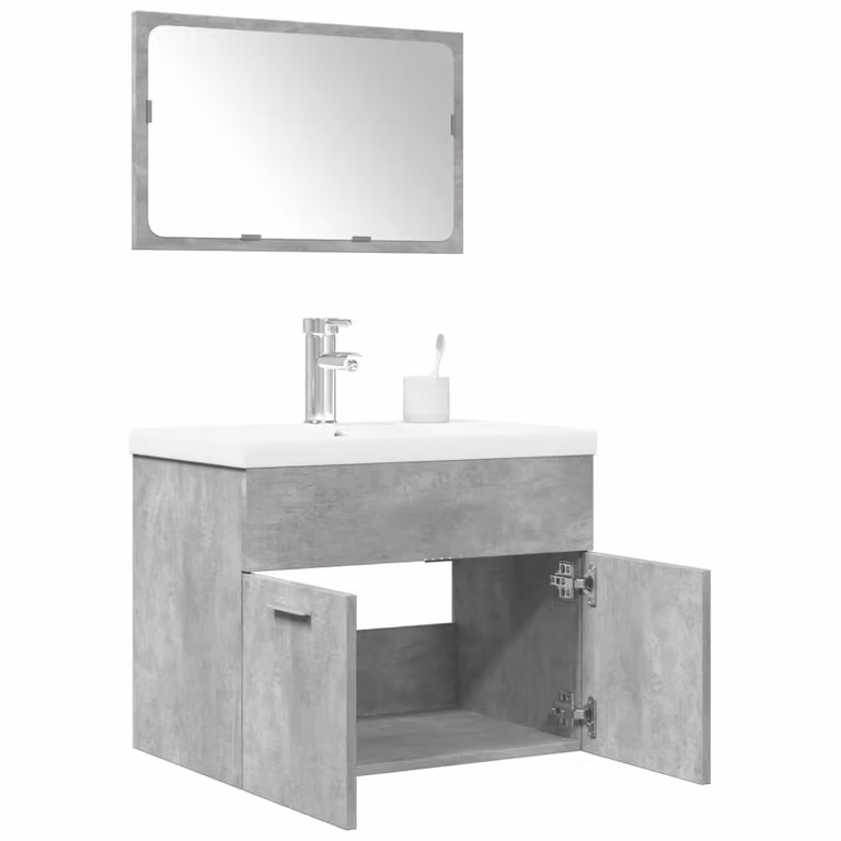 Set di mobili da bagno moderno vidaXL composto da 3 pezzi in legno e vetro, colore grigio e bianco, con mobile lavabo e armadietto specchio a parete