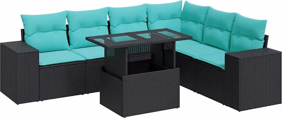 Set Divani Giardino 7pz con Cuscini Nero in Polyrattan Acacia