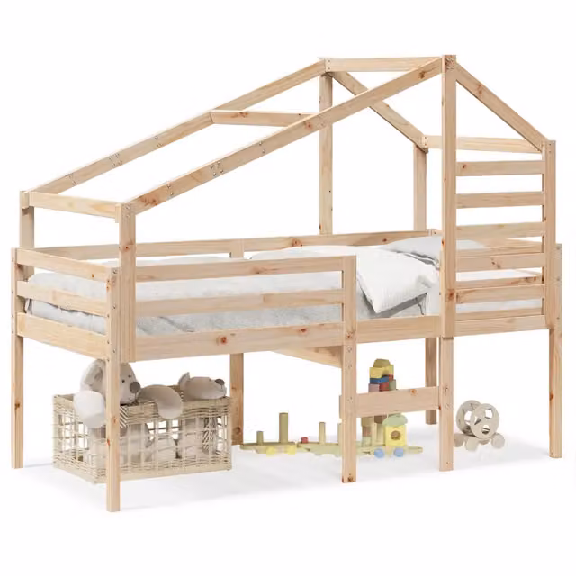 Letto a soppalco con struttura a casetta per bambini e adulti in legno di pino bianco, L/P/H: 200 x 90 x 195,5 cm – 1