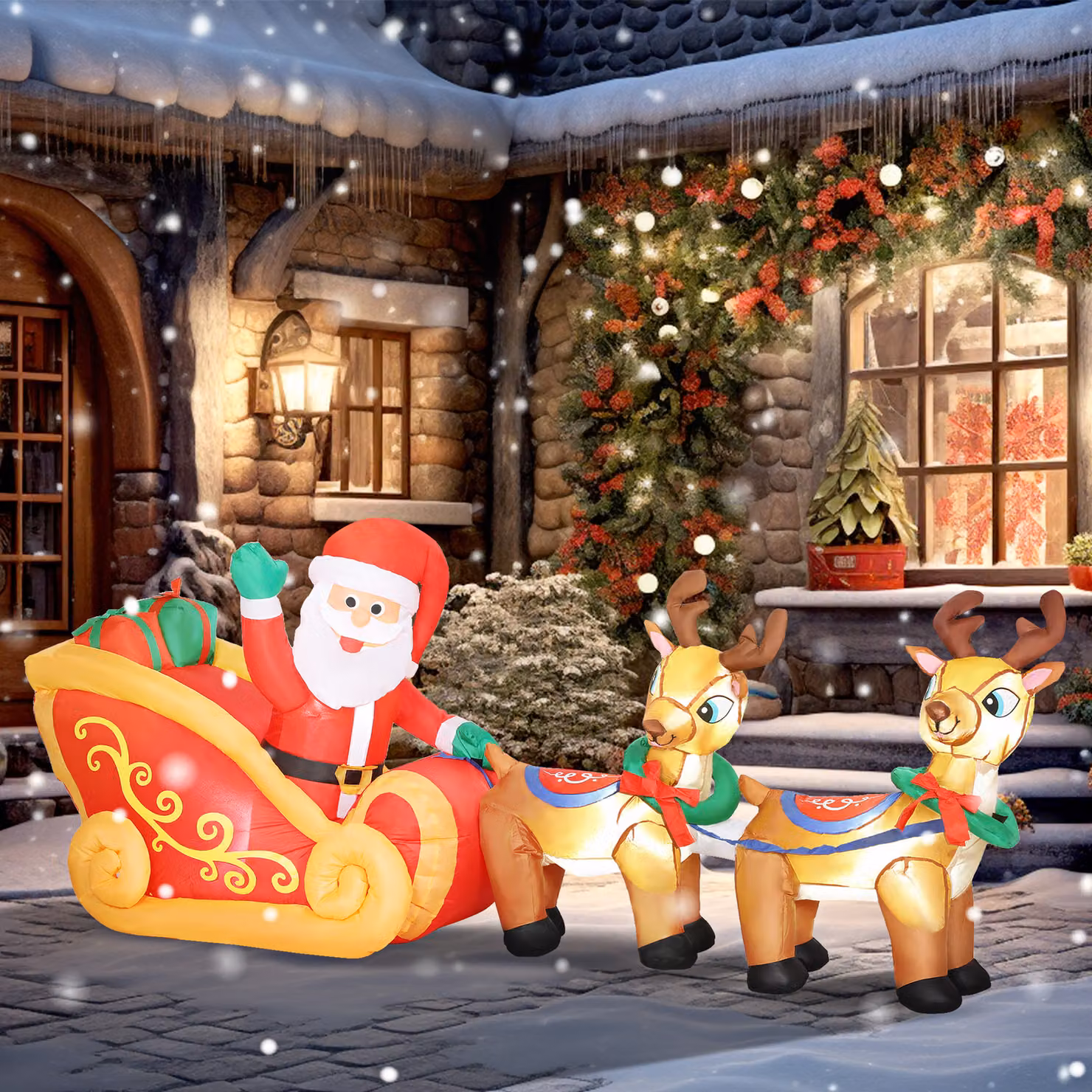 Decorazione Gonfiabile di Babbo Natale con Slitta e Renne Outsunny, Altezza: 240 cm, con 6 Luci LED e Gonfiatore, Multicolore – 2