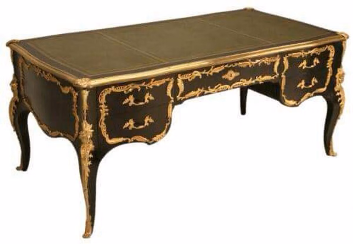 Scrivania in stile barocco "Casa Padrino", nera e dorata - 180 x 80 x 80 cm - Realizzata in legno massello e pelle