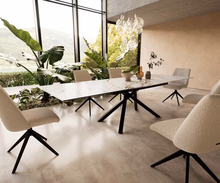 DELIFE Tavolo da pranzo Edge 200-300x100, piano in Vetroceramica Calacatta Luxe bianco-oro-grigio, base a croce rettangolare nera, allungabile