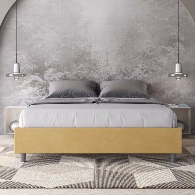 Letto queen size contenitore imbottito 150x190 microfibra ocra Azelia