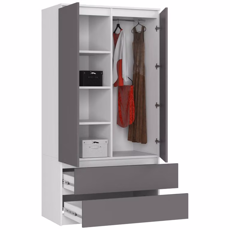 Armadio S90 da 90 cm, guardaroba a 2 ante e 2 cassetti, altezza 180 cm, CLP