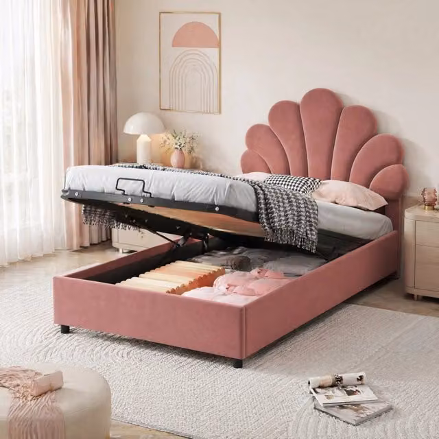 Letto imbottito singolo 90x200 cm con testiera floreale, rivestimento in velluto rosa e contenitore idraulico