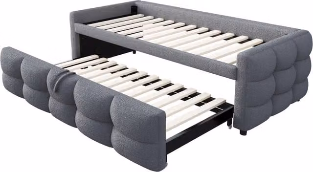 Letto estraibile Teddy con rete, disponibile in versione singolo 90x190 cm o matrimoniale 180x190 cm, rivestimento in tessuto grigio, senza materasso
