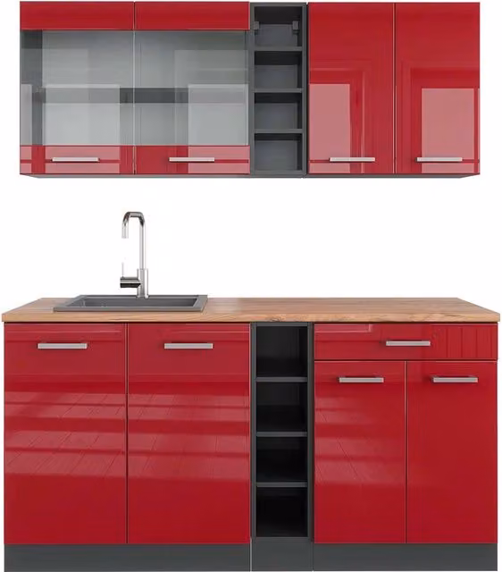 Cucina completa R-Line Vicco moderna in rosso lucido e antracite con dettagli in rovere, L: 160 cm, P: 60 cm, H: 81,6 cm