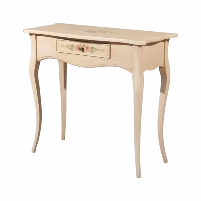 Consolle in legno con 1 cassetto e decori floreali avorio patinato Mobili 2G L: 87 cm, P: 38 cm, H: 77 cm
