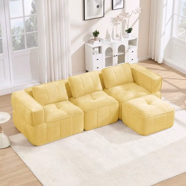Divano modulare 271x162x67 cm con pouf e seduta profonda in poliestere giallo