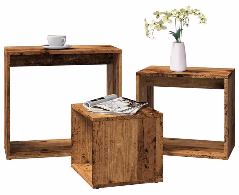 Set di 3 tavolini impilabili in legno effetto anticato, ideali per il soggiorno e la camera da letto