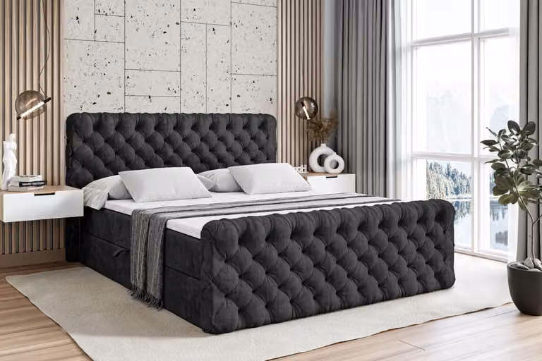 Letto boxspring ALTDECOR con pediera, materasso H4 e topper - 180x200 cm - BOXI8-Z - Velluto nero - Letto imbottito con contenitore e rete a doghe, letto con spazio contenitivo