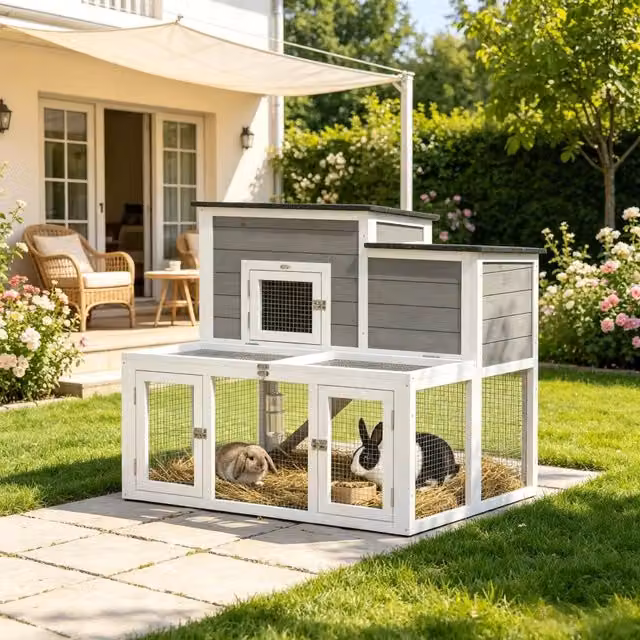Gabbia per piccoli animali WISHDOR a 2 livelli in legno e acciaio con tetto impermeabile, colore grigio – 1