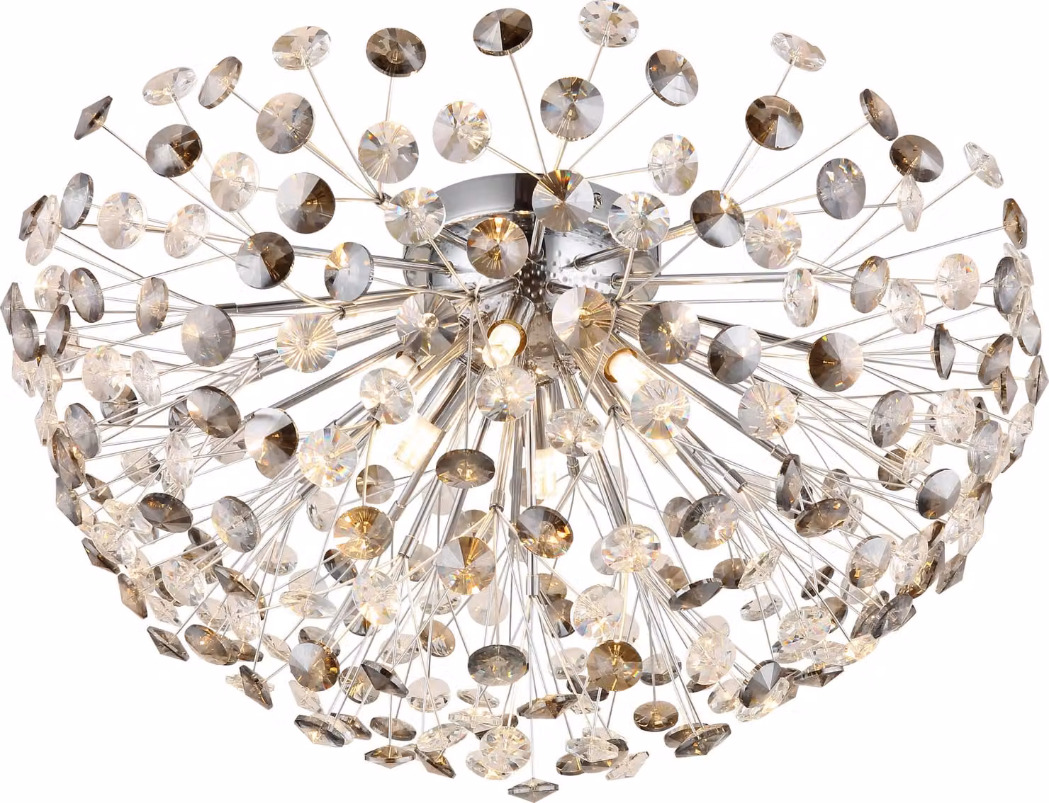 Lampada a soffitto Globo, struttura in metallo cromato, cristalli K9 fumé e trasparenti, diametro: 600 mm, altezza: 325 mm, include 6 lampadine LED G9 da 3,5W a 230V, 350lm (flusso luminoso), 3000K (temperatura di colore), lampadine LED incluse (codice pr
