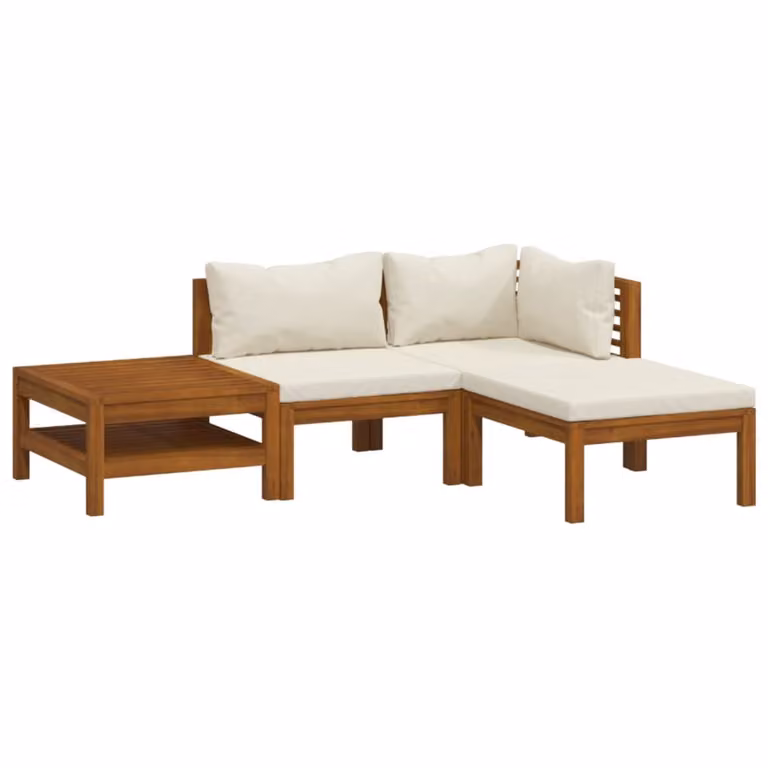Set Divani da Giardino 4 pz con Cuscini Crema in Legno Acacia