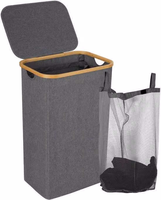 Cesto portabiancheria in bambù con coperchio, 100 litri, colore grigio