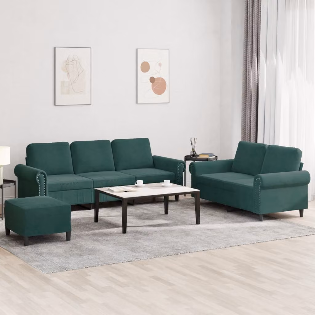 Set di divani vidaXL in velluto verde con pouf e cuscini per soggiorno – 1