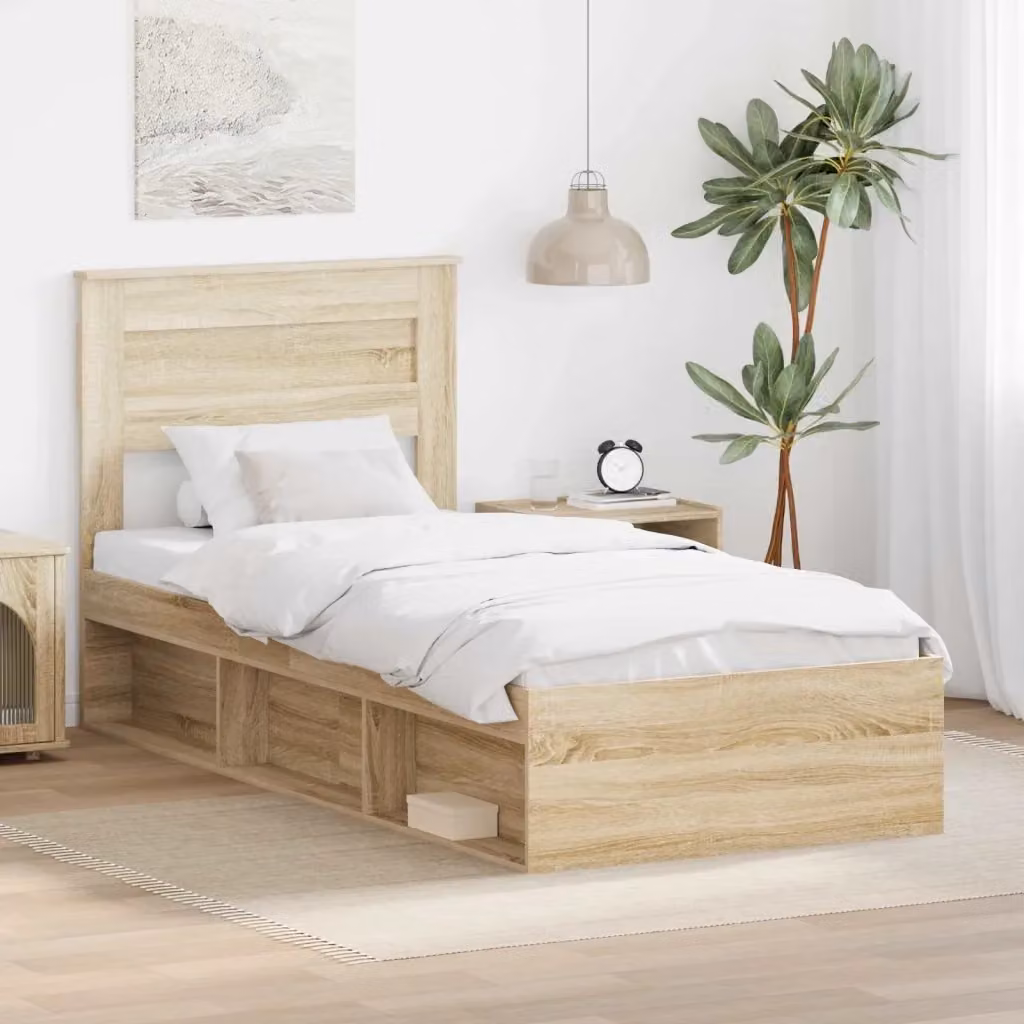 Letto singolo moderno in legno di pino marrone con scomparti laterali L/P/H: 190 x 80 x 200 cm – 2