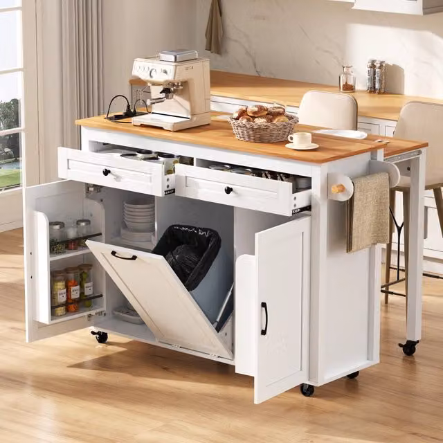 Isola da cucina mobile estendibile - Zephmum- Bianco con presa elettrica e cestino