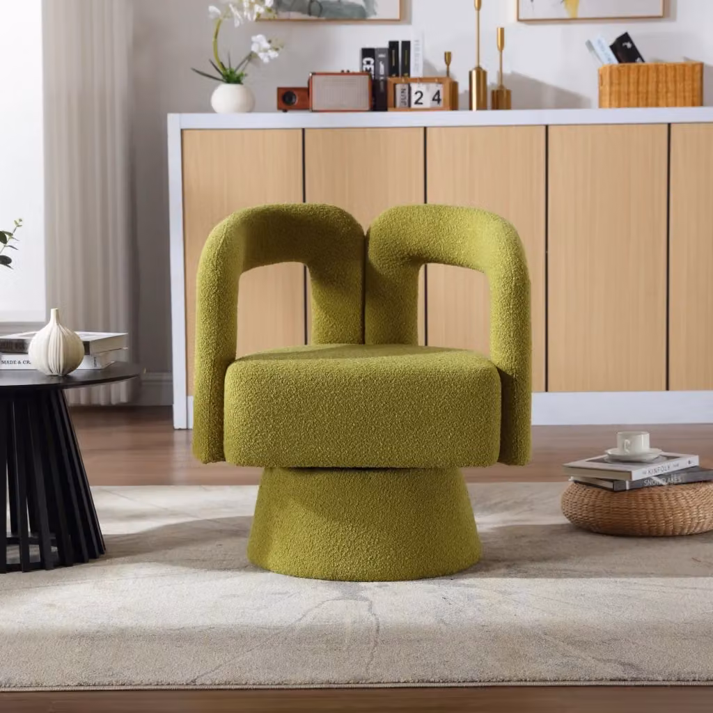Poltrona girevole 360 WISHDOR in bouclé verde con seduta imbottita e braccioli per soggiorno e ufficio – 2