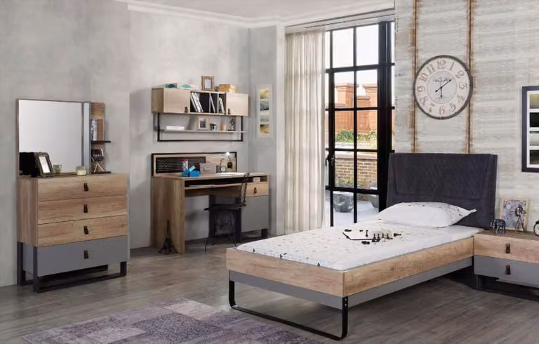 Set per camera da letto per ragazzi: letto, scrivania, cassettiera, comodino, libreria, specchio