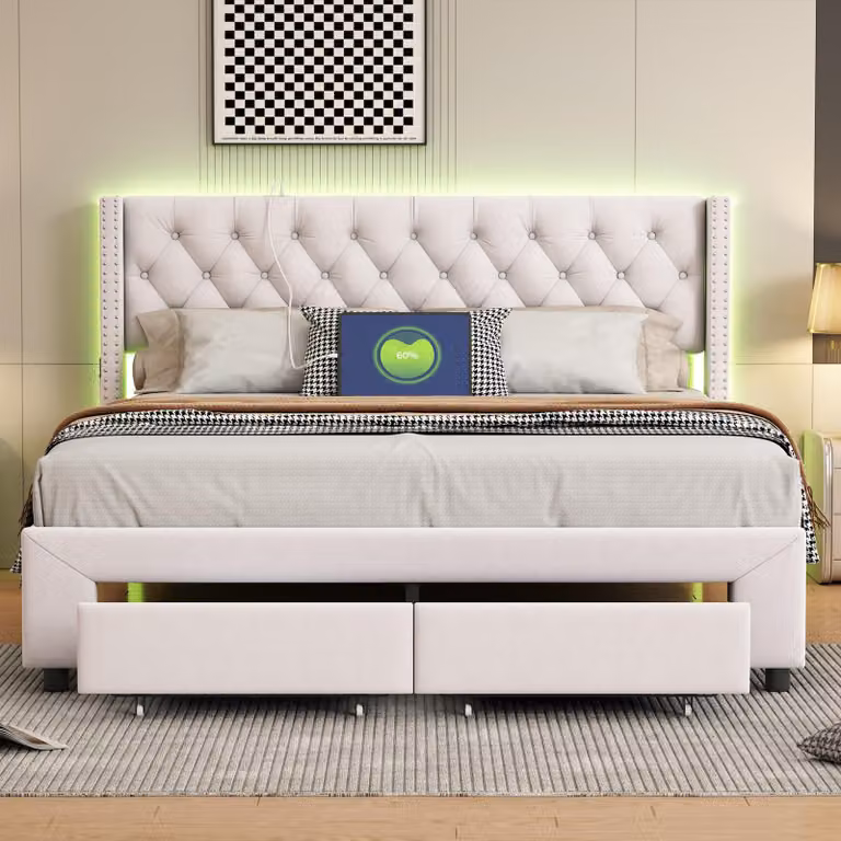 Letto imbottito Fortuna Lai 180x200 cm, letto matrimoniale imbottito con contenitore, 2 cassetti, LED, USB, velluto, beige