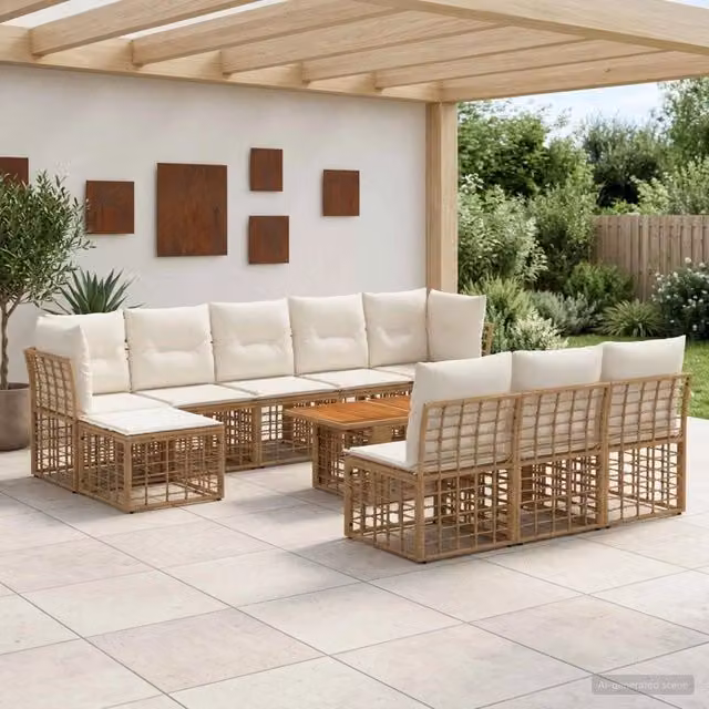 Set Divano da Giardino a L vidaXL in Polyrattan con Cuscini Beige e Bianco, 11 Pezzi – 1