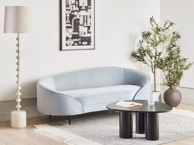 Divano Beliani a 2 posti in velluto azzurro con gambe in metallo dorato stile glamour e retrò L: 183 cm, P: 75 cm, H: 85 cm