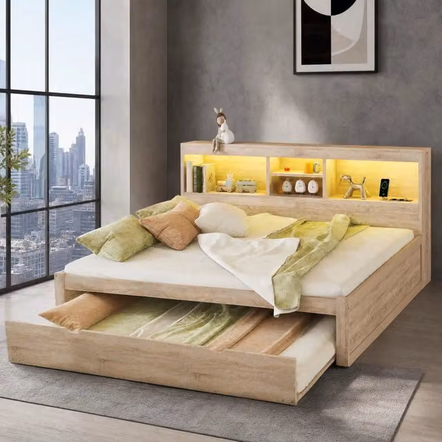 Letto 140x200 cm in MDF e pannelli, naturale, LED e vano contenitore, senza materasso –