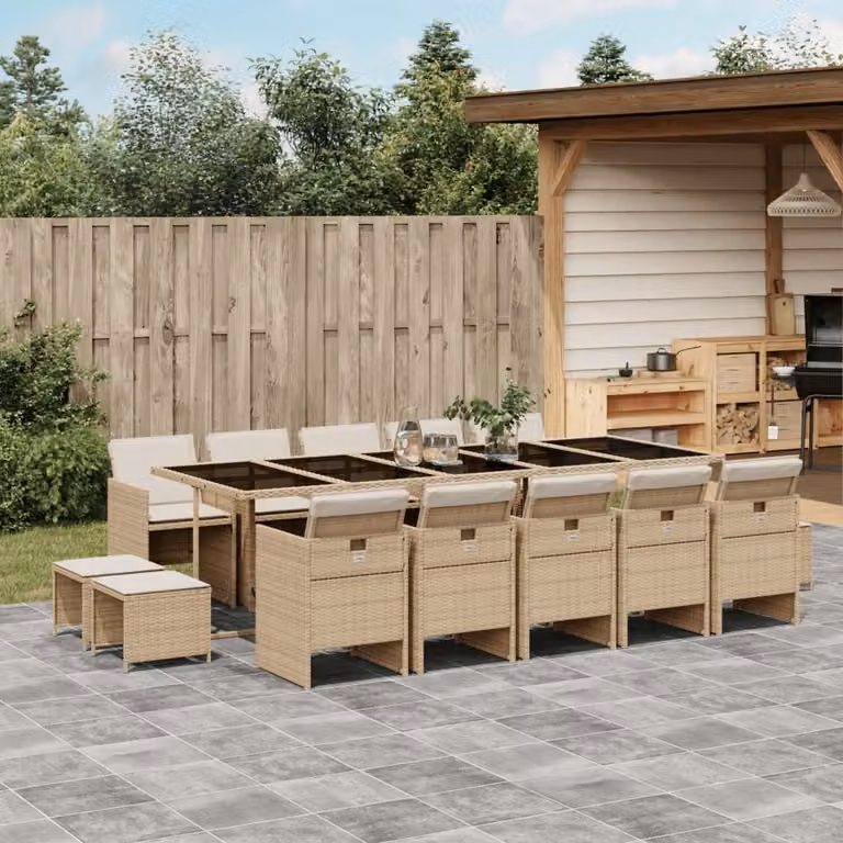 vidaXL Set da Pranzo da Giardino 15 pz in Polyrattan con Cuscini Beige e Piano in Vetro