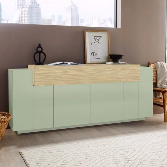 Madia Pulfero DMORA con 3 ripiani, credenza moderna in legno e metallo, Verde, L: 200 cm, P: 45 cm, H: 85.5 cm